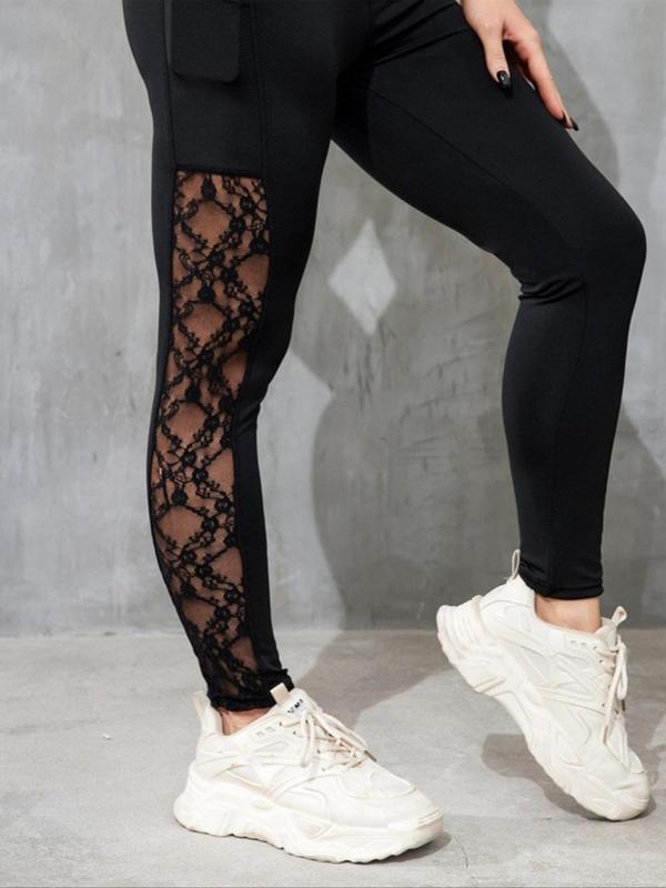 Women's Contrast Lace High Waist Sports Tummy Control Leggings, Sporty Pocket Yoga Pants, Gym Outfits Women, Gym Clothes for Women, Ladies Sportswear, Fall Outfits 2024, Leggings for Women