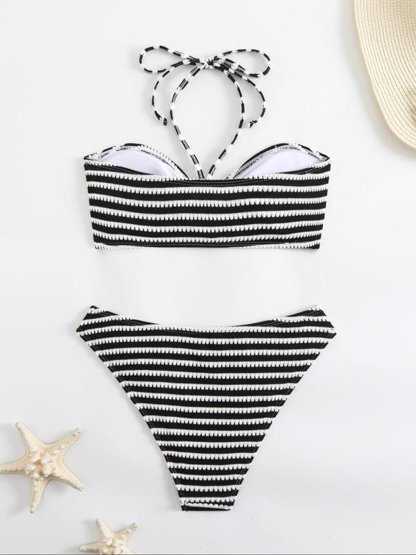 Two-Piece Set Women's Striped Halter Bikinis Set, Fashion Ruched Swim Bra & High Cut Swim Panty Swimsuit for Summer, Ladies Swimwear for Beach Holiday Vacation