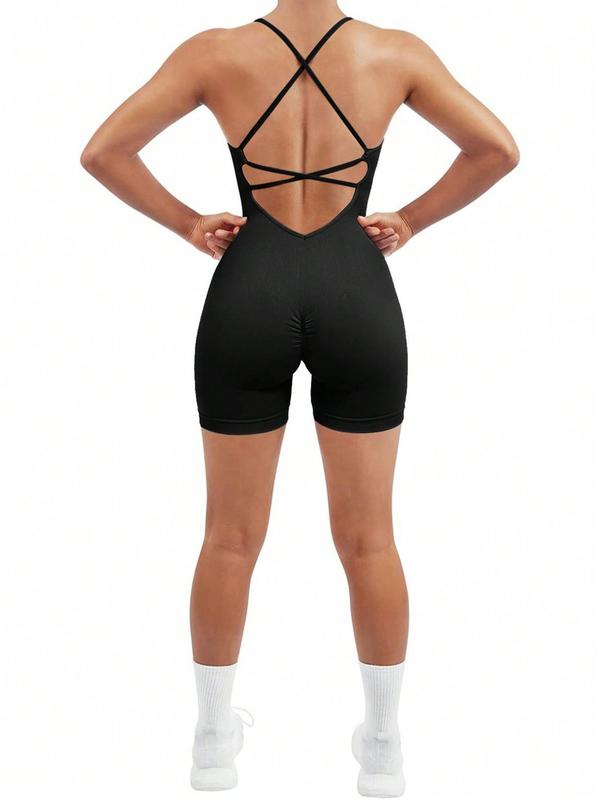 Women's Solid Criss Cross Backless Sports Romper, Summer Clothes Women, Casual Comfy Breathable Sleeveless Spaghetti Strap Romper for Yoga Gym Workout, Ladies Sportswear for Summer