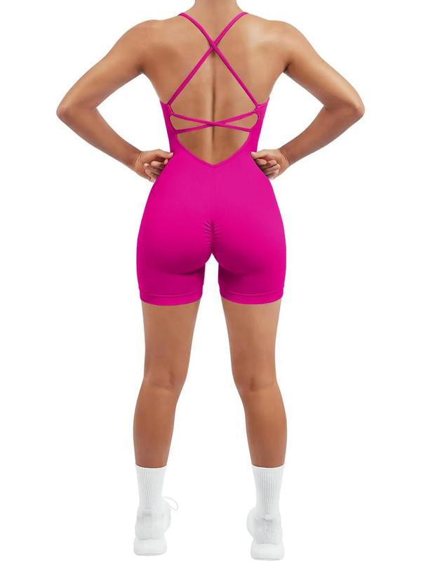 Women's Solid Criss Cross Backless Sports Romper, Summer Clothes Women, Casual Comfy Breathable Sleeveless Spaghetti Strap Romper for Yoga Gym Workout, Ladies Sportswear for Summer