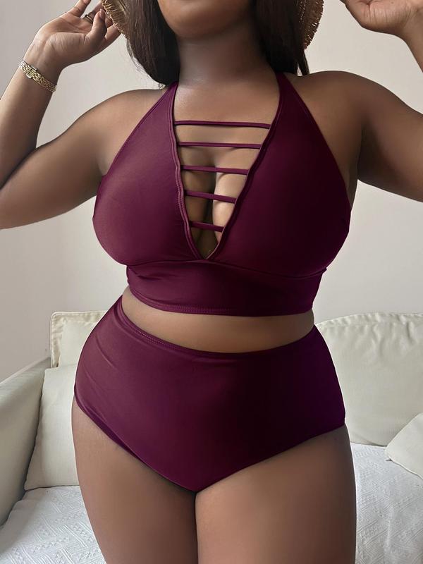 Plus Size Solid Criss Cross Backless Bra & High Waist Panty Swimsuit Set, Casual Cut Out Deep V Neck Swim Top & Swim Bottom, Women's Summer Swimwear Set, Swimsuit for Women