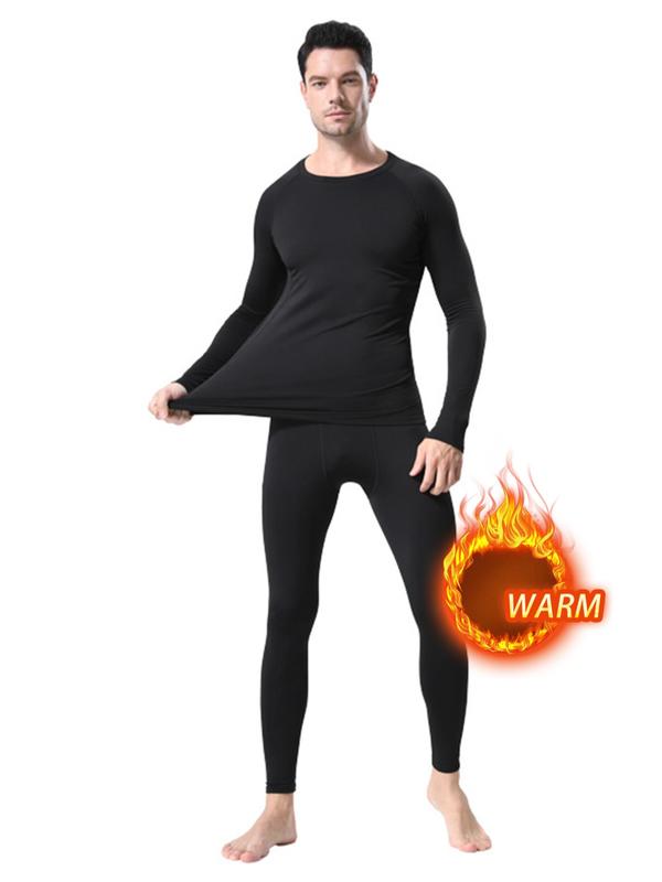 Men's Long Sleeve Compression Top & Letter Tape Leggings Set, Tight Sporty Raglan Sleeve Round Neck Thermal Lined Top & Pants, Men's Sportswear Set for Fall & Winter