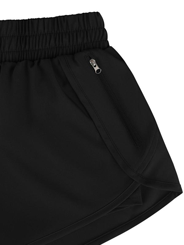 Women's 2 in 1 Zipper Pocket Sports Shorts, Solid High Waist Elastic Waist Shorts, Gym Shorts, Ladies Sportswear for Indoor Outdoor Wear