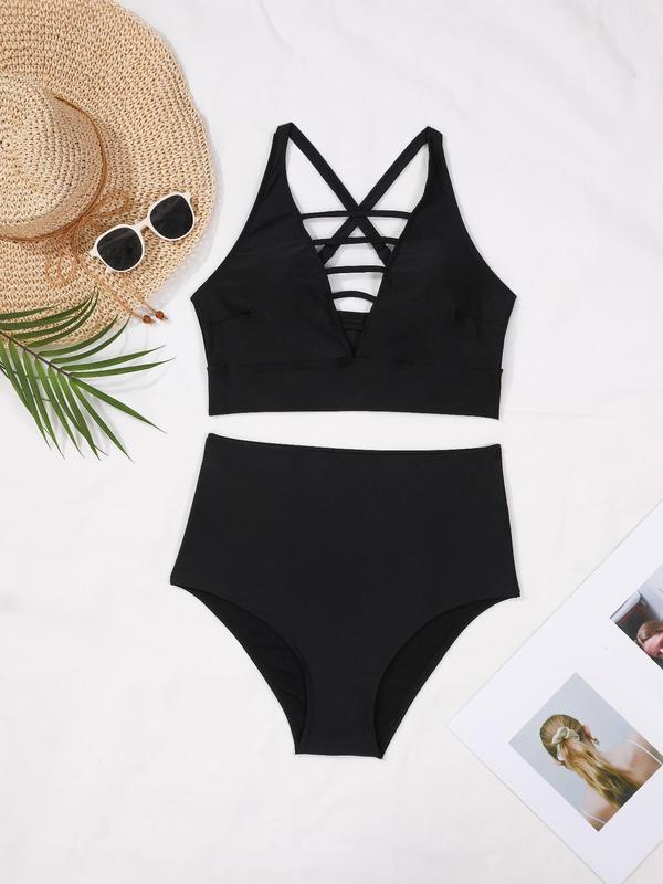 Plus Size Solid Criss Cross Backless Bra & High Waist Panty Swimsuit Set, Casual Cut Out Deep V Neck Swim Top & Swim Bottom, Women's Summer Swimwear Set, Swimsuit for Women