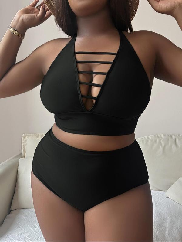 Plus Size Solid Criss Cross Backless Bra & High Waist Panty Swimsuit Set, Casual Cut Out Deep V Neck Swim Top & Swim Bottom, Women's Summer Swimwear Set, Swimsuit for Women