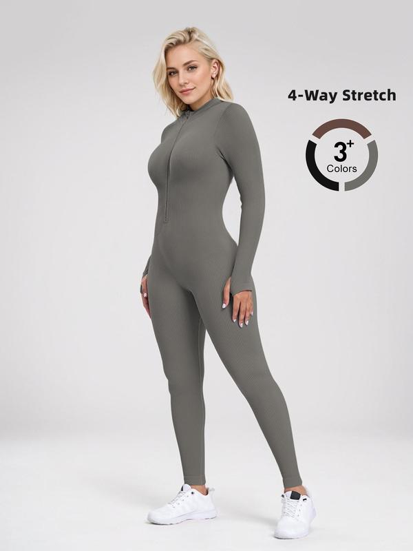 Women's Solid Zip Up  Long Sleeve Sports Jumpsuit, Casual Comfy Tight-fitting Jumpsuit for Yoga Gym Workout, Ladies Sportswear for All Seasons