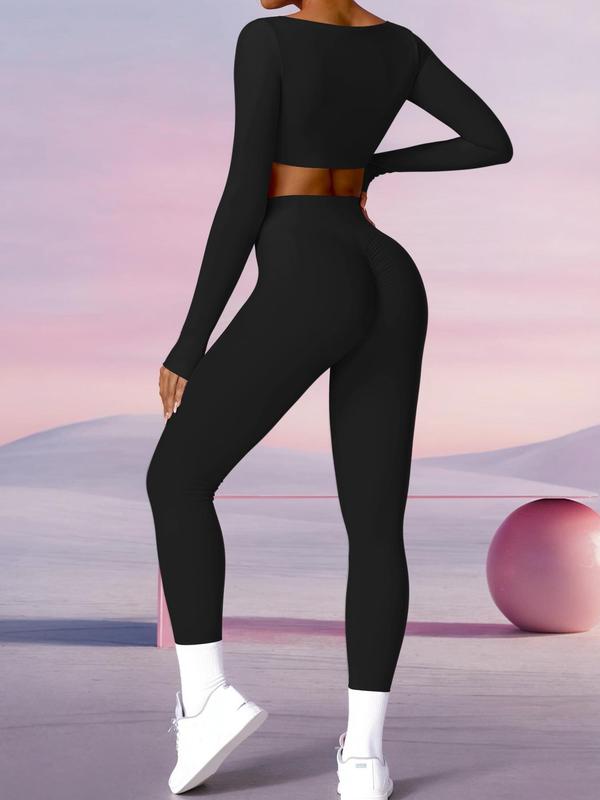 Two-piece Set Women's Solid Color Long Sleeve Crop Top & High Waist Leggings Tracksuit Set, Sporty Breathable Comfy Outfits for Yoga Gym Workout Running, Ladies Tracksuits Sportswear for All Seasons, Soccer Mom Outfit