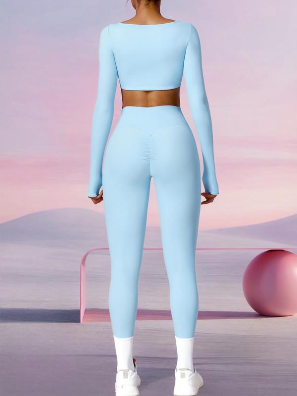 Two-piece Set Women's Solid Color Long Sleeve Crop Top & High Waist Leggings Tracksuit Set, Sporty Breathable Comfy Outfits for Yoga Gym Workout Running, Ladies Tracksuits Sportswear for All Seasons, Soccer Mom Outfit