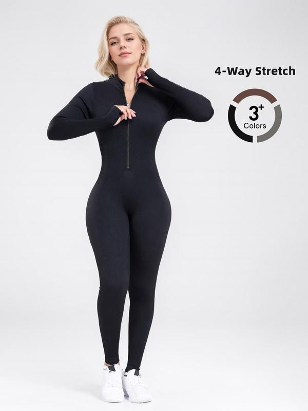 Women's Solid Zip Up  Long Sleeve Sports Jumpsuit, Casual Comfy Tight-fitting Jumpsuit for Yoga Gym Workout, Ladies Sportswear for All Seasons