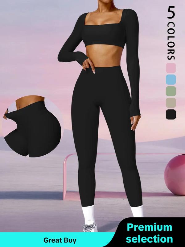 Two-piece Set Women's Solid Color Long Sleeve Crop Top & High Waist Leggings Tracksuit Set, Sporty Breathable Comfy Outfits for Yoga Gym Workout Running, Ladies Tracksuits Sportswear for All Seasons, Soccer Mom Outfit