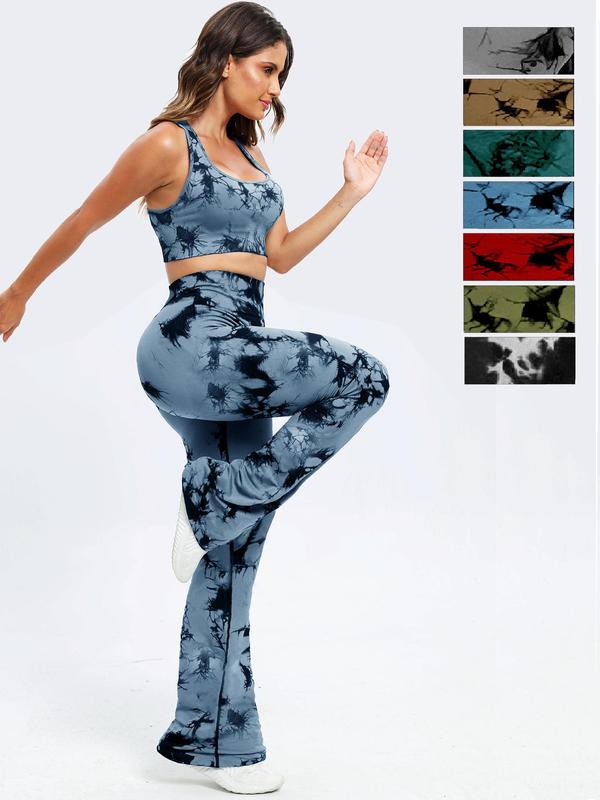 Women's Tie Dye Print Racer Back Bra & Ruched High Waist Flare Leg Pants Tracksuit Set, Sleeveless Crop Top & High Rise Leggings,  Jogging Suit Set, Ladies Sportswear for Indoor Outdoor Wear