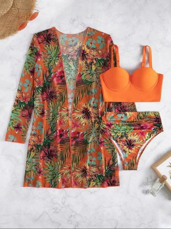 Three-Piece Set Women's Tropical Print Swimsuit Set, Boho Plain Adjustable Strap Push Up Underwire Swim Bra & High Waist Ruched Swim Panty & Long Sleeve Cover Up Set, Ladies Summer Beach Holiday Vacation Swimwear, Swimsuit for Women