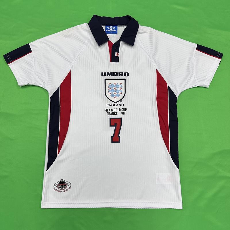 UMBRO 1998 World Cup England Retro Red and White Home No. 7 David Beckham Short Sleeve Soccer Jersey Quick Drying