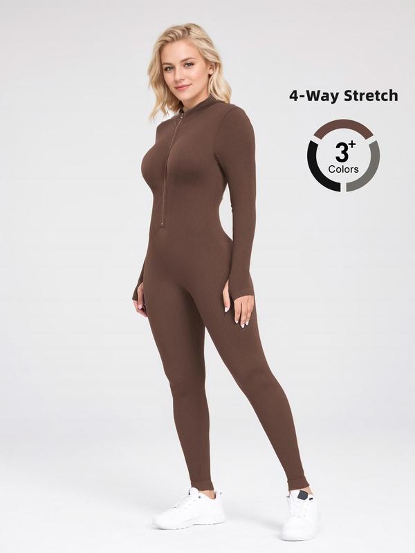 Women's Solid Zip Up  Long Sleeve Sports Jumpsuit, Casual Comfy Tight-fitting Jumpsuit for Yoga Gym Workout, Ladies Sportswear for All Seasons