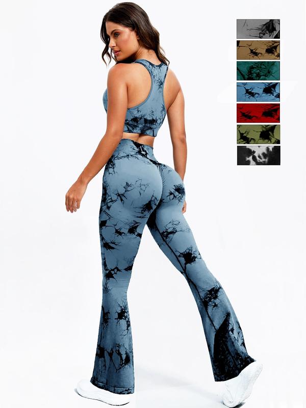 Women's Tie Dye Print Racer Back Bra & Ruched High Waist Flare Leg Pants Tracksuit Set, Sleeveless Crop Top & High Rise Leggings,  Jogging Suit Set, Ladies Sportswear for Indoor Outdoor Wear