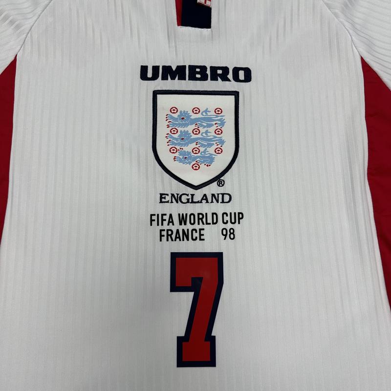 UMBRO 1998 World Cup England Retro Red and White Home No. 7 David Beckham Short Sleeve Soccer Jersey Quick Drying