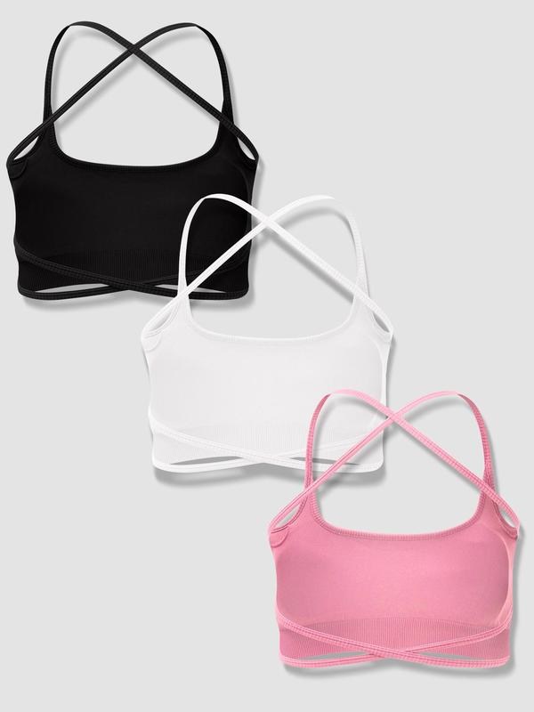 Women's Criss Cross Ribbed Sports Bra with Removable Pads Design, Solid Color Wireless Sports Bra, High Stretch Seamless Sports Bra, Ladies Sportswear for Indoor Outdoor Wear