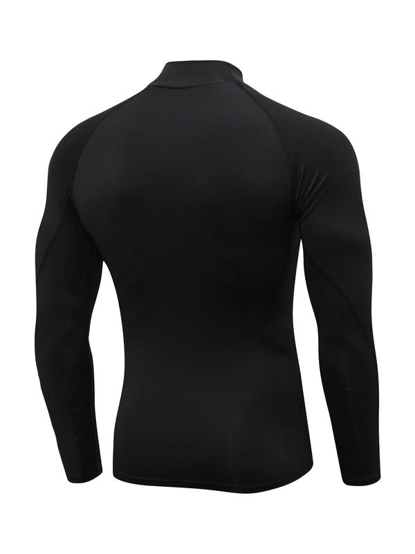 Men's Mock Neck Compression Shirt, Solid Long Sleeve Sports T-shirt, Gym Clothing, Mens Clothing, Gym Tops, Casual Back To School Sporty Top for Basketball Football Running, Gym Clothing Men