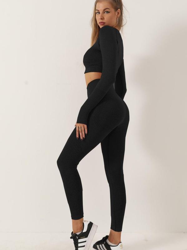 Two-Piece Set Women's Solid Raglan Sleeve Crop Top & High Waist Leggings Tracksuit Set, Sporty Comfy Breathable Outfits for Yoga Gym