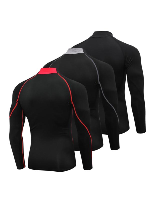 Men's Mock Neck Compression Shirt, Solid Long Sleeve Sports T-shirt, Gym Clothing, Mens Clothing, Gym Tops, Casual Back To School Sporty Top for Basketball Football Running, Gym Clothing Men