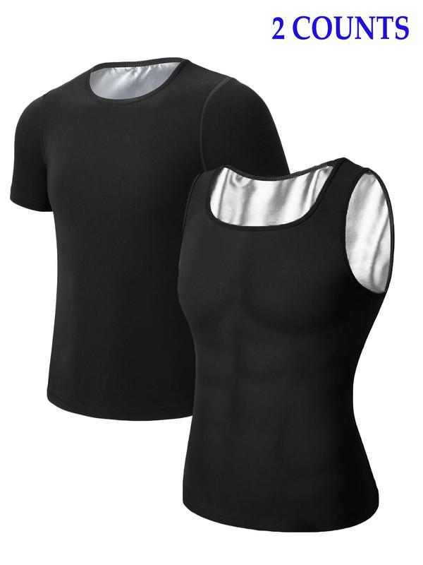 Men's Solid Round Neck Sauna Tank Top, Short Sleeve Sports Top, Fall Clothing Men, Breathable Comfortable Top for Gym Workout Running, Men Sport & Outdoor Clothing, Gym Tops & Gym Vest, Athletic Clothes