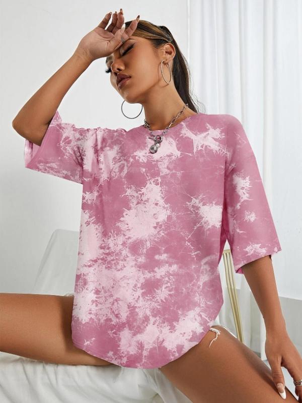 Women's Tie Dye Print Drop Shoulder Sports Tee, Casual Back to School Half Sleeve Round Neck T-Shirt for Daily Outdoor Sport, Ladies Sportswear for All Seasons