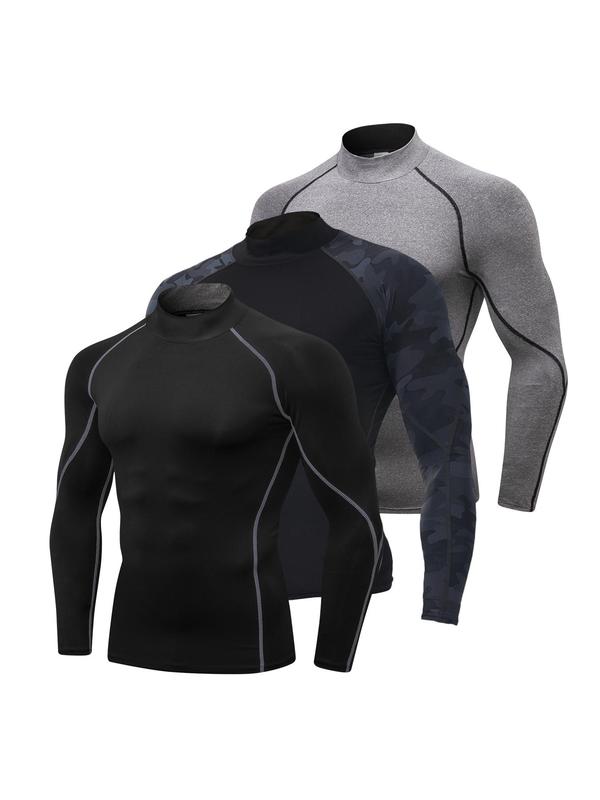 Men's Mock Neck Compression Shirt, Solid Long Sleeve Sports T-shirt, Gym Clothing, Mens Clothing, Gym Tops, Casual Back To School Sporty Top for Basketball Football Running, Gym Clothing Men