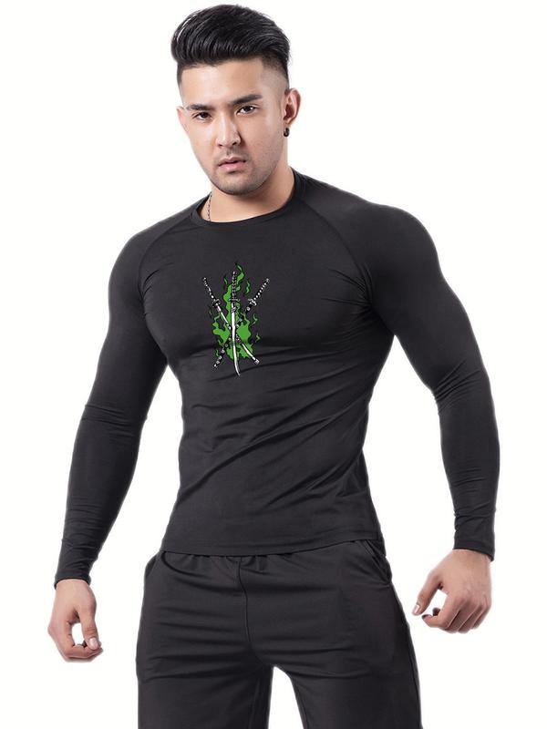 Men's Sword & Fire Print Raglan Sleeve Round Neck Sports Tee, Casual Quick Drying Long Sleeve T-shirt for Spring & Fall, Men's Top for Gym Workout Running