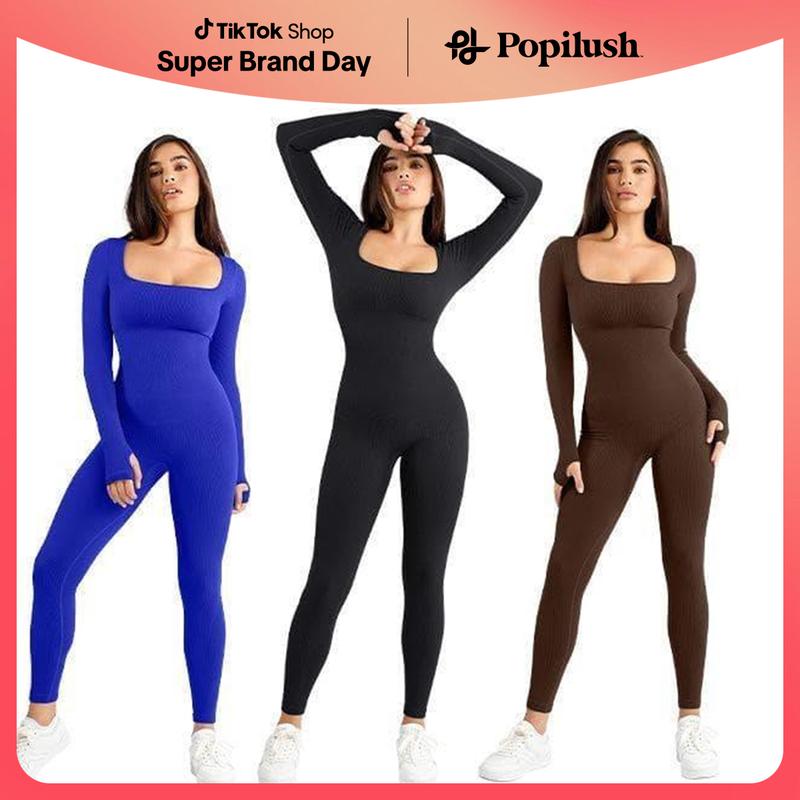 Popilush Sports Seamless Square Neck Long Sleeve Jumpsuits