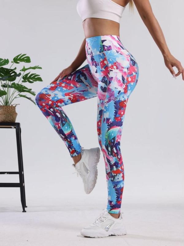 Women's All Over Print Pocket High Waist Sports Leggings, Casual Sporty Comfy Breathable Skinny Pants for Yoga Gym Workout Running, Ladies Sportswear for All Seasons