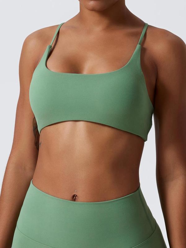 Women's Solid Criss Cross Sports Bra, Breathable Comfortable Wireless Sports Bra, Ladies Sportswear for Indoor Outdoor Wear