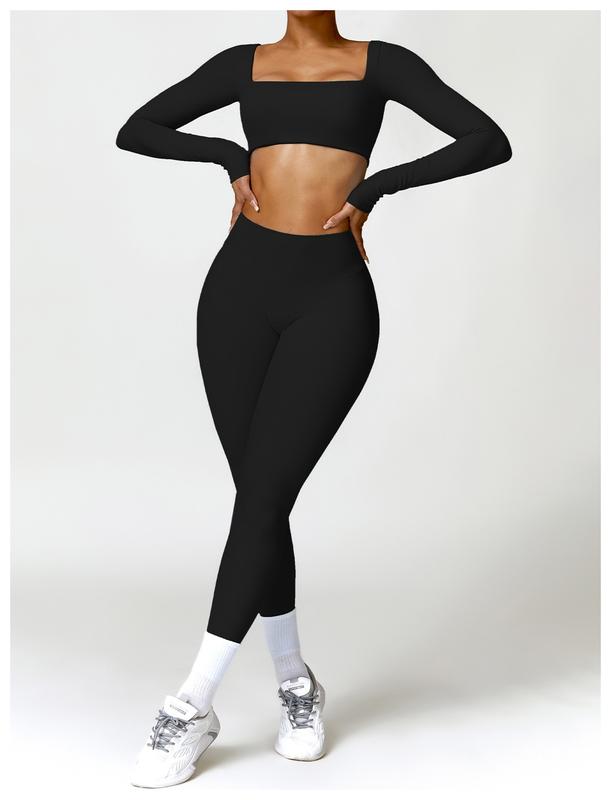 Women's 2 Piece Workout Set - Long Sleeve Crop Tops and High Waist Flared Leggings Yoga Outfi