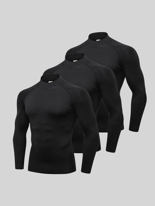 Men's Mock Neck Compression Shirt, Solid Long Sleeve Sports T-shirt, Gym Clothing, Mens Clothing, Gym Tops, Casual Back To School Sporty Top for Basketball Football Running, Gym Clothing Men