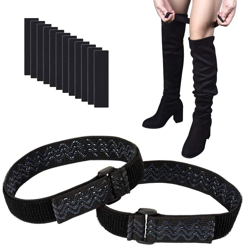 Wisiro Boot Straps, 1 Pair Knee Boot Straps of Elastic Adjustable Belt, plus Extra 12 Pcs Adhesive Tape Hook Sticker for fall-off prevention