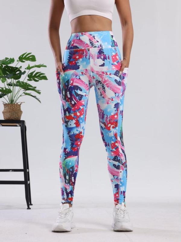 Women's All Over Print Pocket High Waist Sports Leggings, Casual Sporty Comfy Breathable Skinny Pants for Yoga Gym Workout Running, Ladies Sportswear for All Seasons