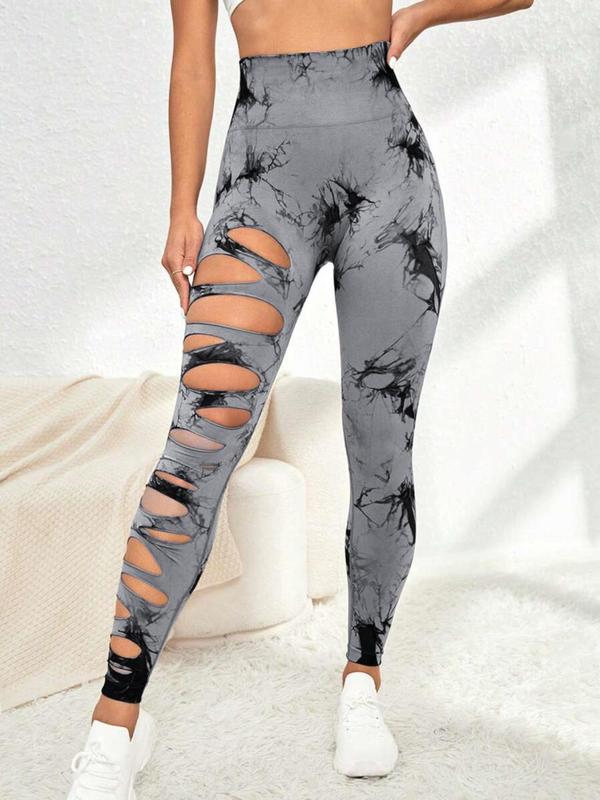 Women's Tie Dye Print Cut Out High Waist Sports Leggings, Casual Comfy Breathable Skinny Pants For Yoga Gym Workout Running, Women Sports Clothing For Summer Spring Fall