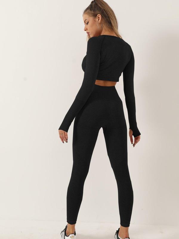 Two-Piece Set Women's Solid Raglan Sleeve Crop Top & High Waist Leggings Tracksuit Set, Sporty Comfy Breathable Outfits for Yoga Gym