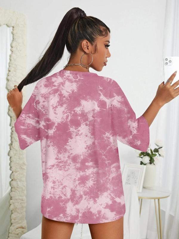 Women's Tie Dye Print Drop Shoulder Sports Tee, Casual Back to School Half Sleeve Round Neck T-Shirt for Daily Outdoor Sport, Ladies Sportswear for All Seasons