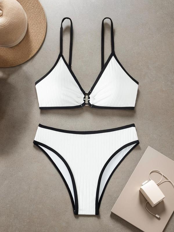 2 Pieces Two-Piece Set Women's Plain Contrast Binding Summer Bikini Set, Summer Clothes Women, O-ring Decor Ruched Swim Top & High Cut Swim Bottom Two-piece Swimsuit, Bathing Suits, Swimsuit Sets Bathing Suits 2024 for Women Summer Tummy Control Swimwear