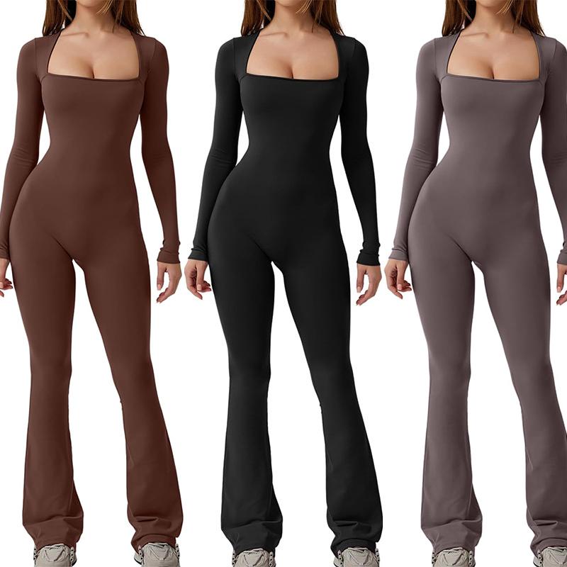 Jumpsuits for Women Long Sleeve Bra Square Neck Full Length Leggings Bodycon Stretch Workout Outfits