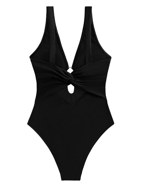 Women's Sexy Solid V Neck Ruched Ring Linked One-piece Swimsuit, Swimsuit for Women, Casual High Waist Swimwear for Summer, Ladies Swimsuit for Beach Holiday Vacation