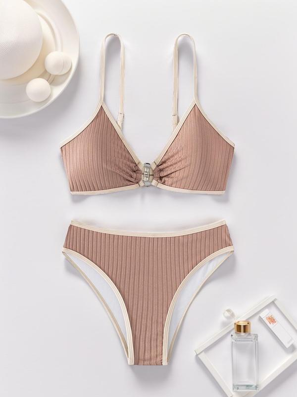 2 Pieces Two-Piece Set Women's Plain Contrast Binding Summer Bikini Set, Summer Clothes Women, O-ring Decor Ruched Swim Top & High Cut Swim Bottom Two-piece Swimsuit, Bathing Suits, Swimsuit Sets Bathing Suits 2024 for Women Summer Tummy Control Swimwear