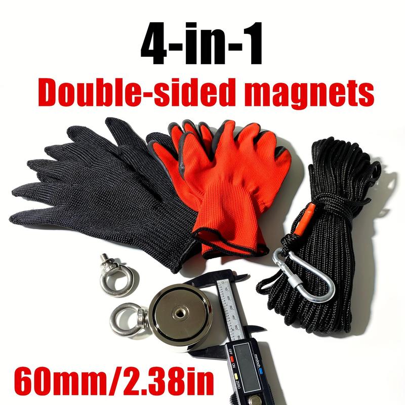 4-in-1 Fishing Magnet Kit, 1 Count Outdoor Salvage Set with 65ft Rope & Gloves & Carabiner, Professional Fishing Accessories for Outdoor