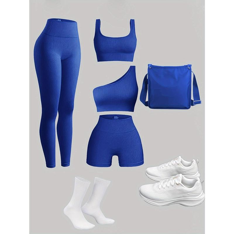 Women's 4-Piece Set Yoga Suit, Sports Leggings, Sports Bra, Shorts, Gym and Outdoor Sports Workout Equipment (Excluding Accessories)