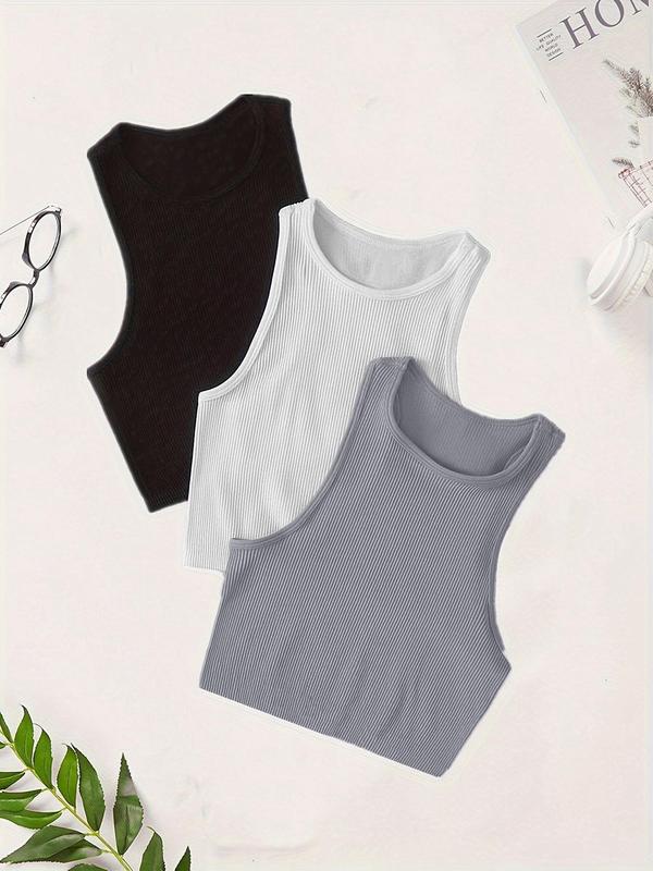 Women's Plain Round Neck Sports Vest, Casual Comfy Breathable Crop Tank Top, Back To School Outfits, Women's Sportswear Clothing for Yoga Gym Workout, Gym Clothing, Tank Tops for Women, Going Out Tops