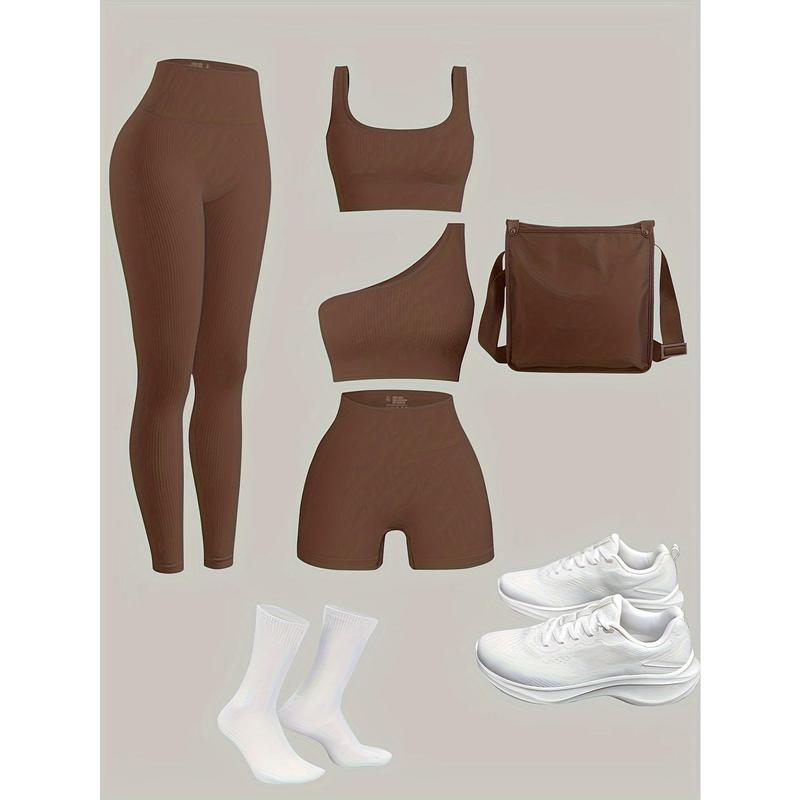 Women's 4-Piece Set Yoga Suit, Sports Leggings, Sports Bra, Shorts, Gym and Outdoor Sports Workout Equipment (Excluding Accessories)