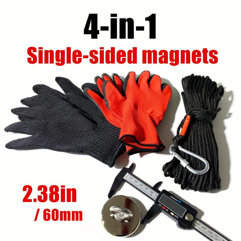 4-in-1 Fishing Magnet Kit, 1 Count Outdoor Salvage Set with 65ft Rope & Gloves & Carabiner, Professional Fishing Accessories for Outdoor