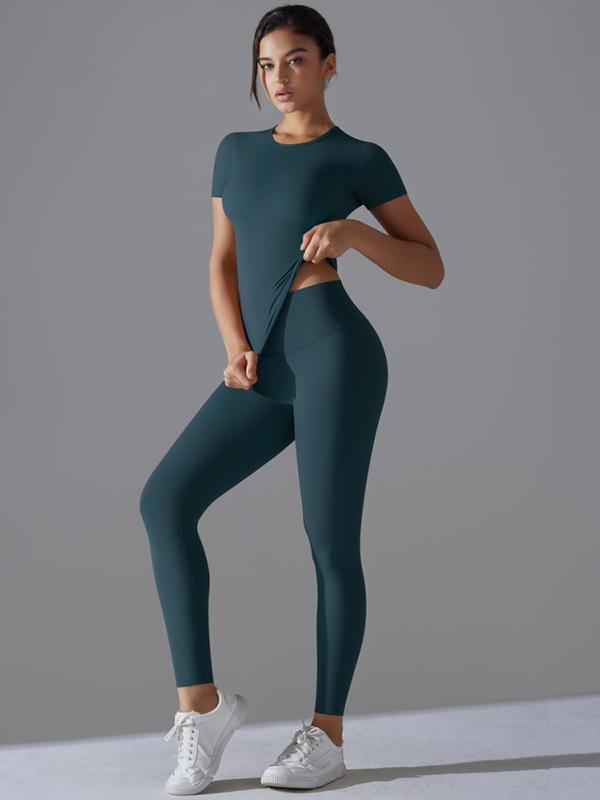 Women's Solid Round Neck Tee & High Waist Leggings Tracksuit Set, Sporty Breathable Quick Drying Outfits for Yoga Gym Workout Running, Women's Sweatsuit Set, Ladies Sportswear for All Seasons