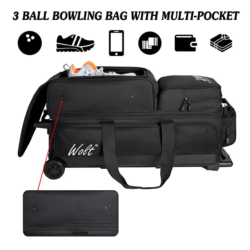 WOLT | 3 Ball Bowling Bags with Wheels,3 Ball Bowling Bag with Separate Shoe Compartment,Ultra-large Capacity Bowling Ball Bag with Accessory Pocket, Retractable Handle extends to 38’’