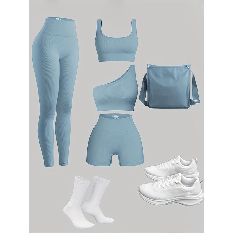 Women's 4-Piece Set Yoga Suit, Sports Leggings, Sports Bra, Shorts, Gym and Outdoor Sports Workout Equipment (Excluding Accessories)